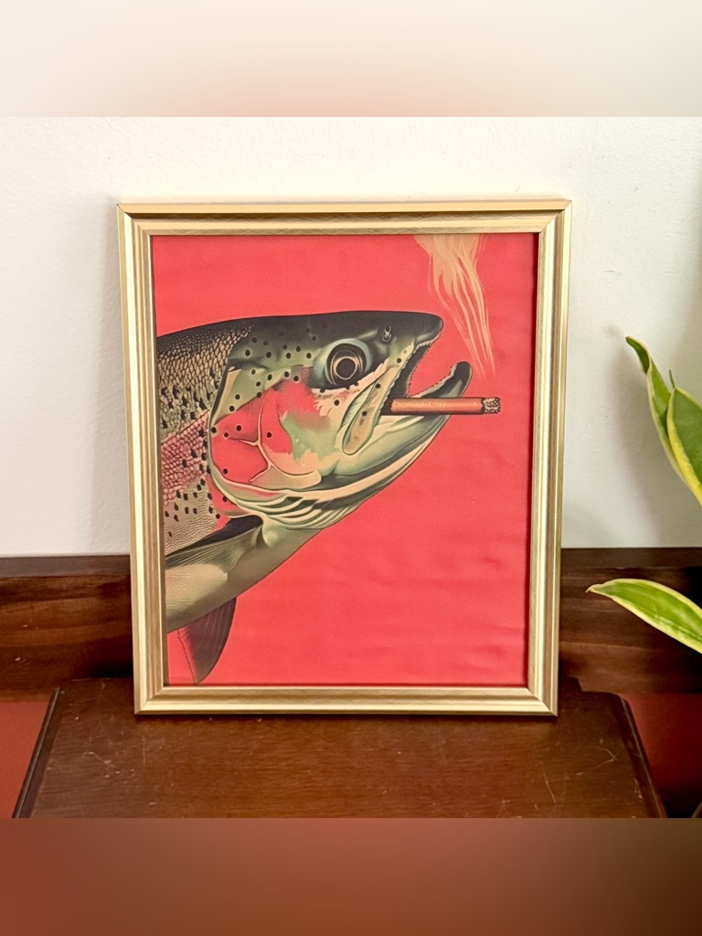 Trout Fish Smoking a Cigarette Vintage Style Canvas Wall Art Print Gold Framed